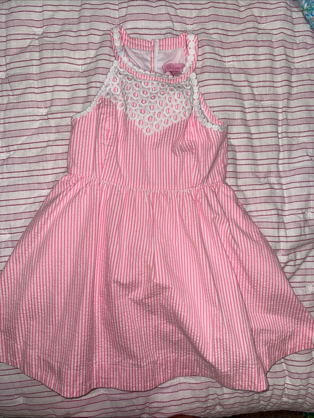 Lilly Pulitzer Pink Striped Halter Dress with White Crochet Yoke